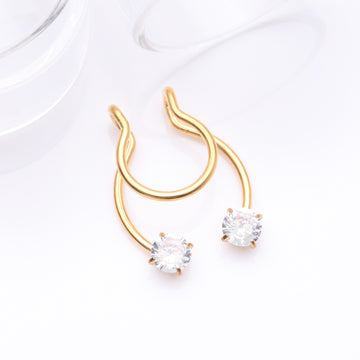 Detail View 1 of Golden Sparkle Gem Clip On Non-Piercing Fake Horseshoe Hoop Ring-Clear Gem